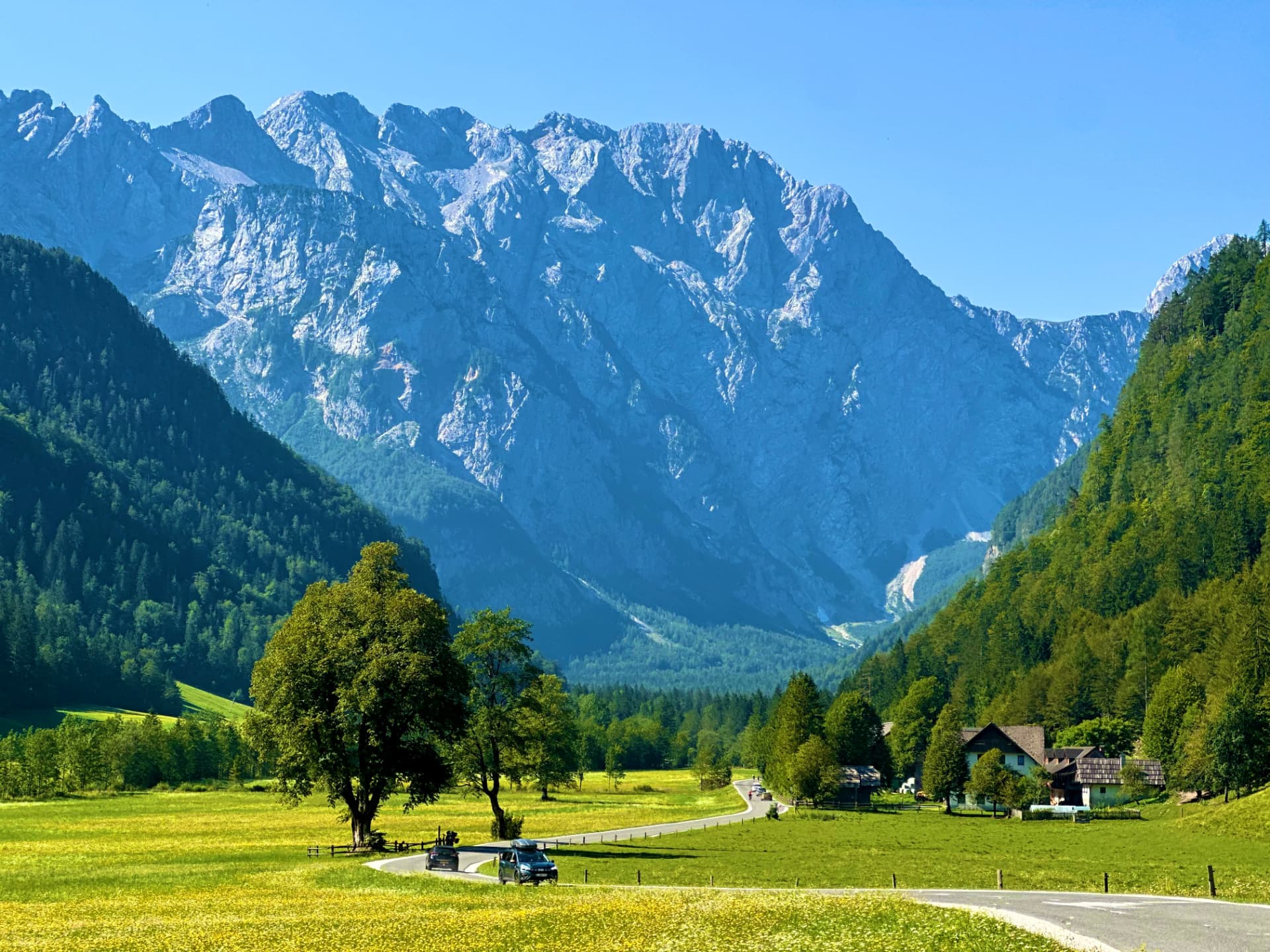 Alpine valley with mountains and glacial water in northern Slovenia